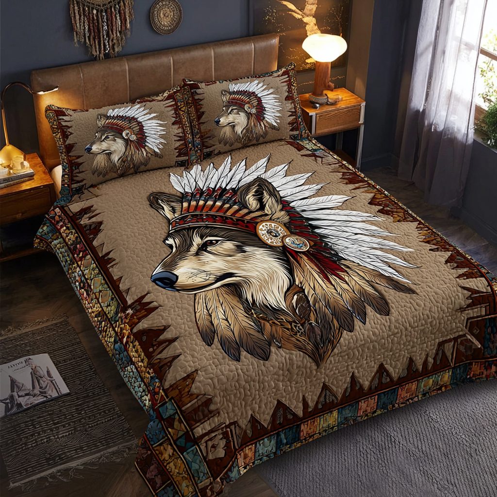 Wolf Whisper quilted 3-piece bedding set on a made bed with two matching pillow shams