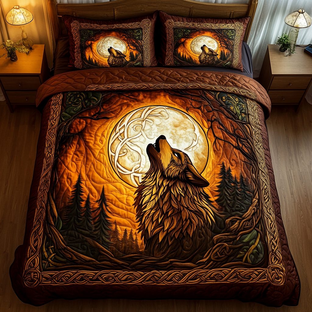 Wolfpack Wonders quilted 3-piece bedding set on a made bed with two matching pillow shams