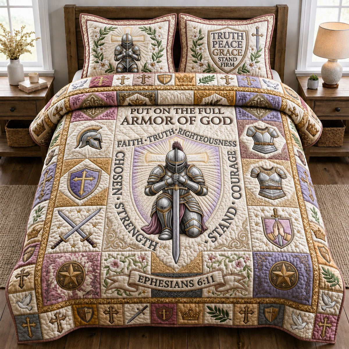 Woman Armor Of God quilted 3-piece bedding set on a made bed in a softly lit bedroom