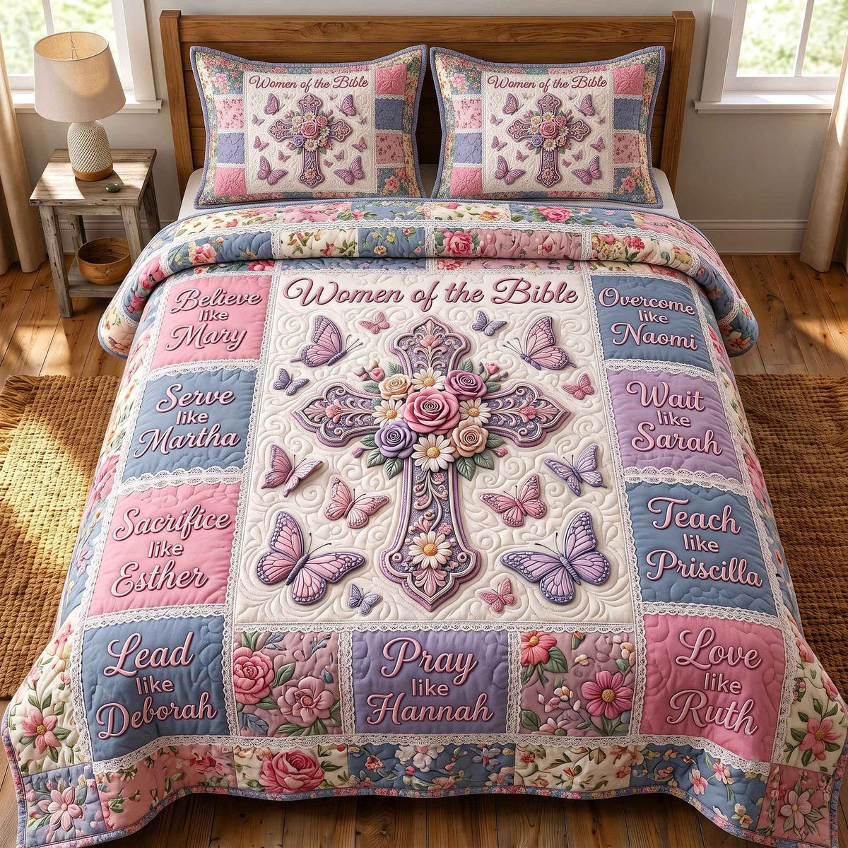 Women Of The Bible quilted 3-piece bedding set on a made bed in a softly lit bedroom
