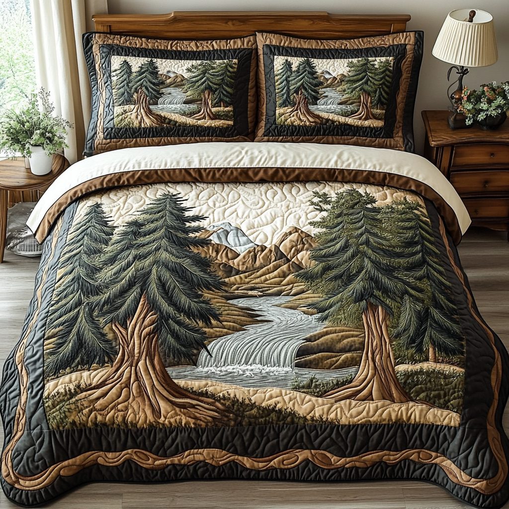 Wooded Wonder quilted 3-piece bedding set on a made bed with two matching pillow shams