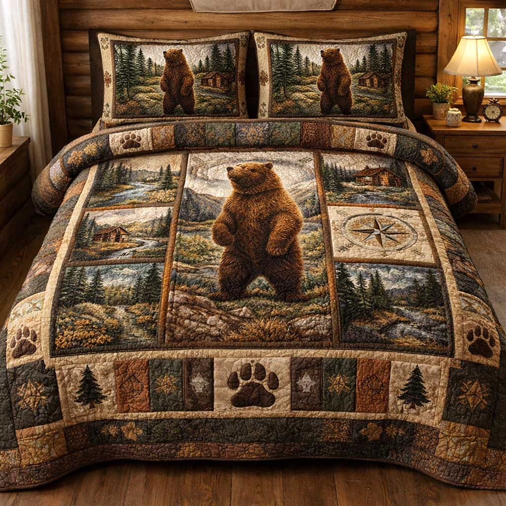 Woodland Bear quilted 3-piece bedding set on a made bed with two matching pillow shams