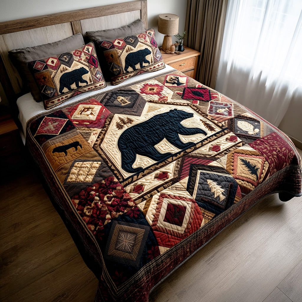 Woodland Bear quilted 3-piece bedding set on a made bed with two matching pillow shams
