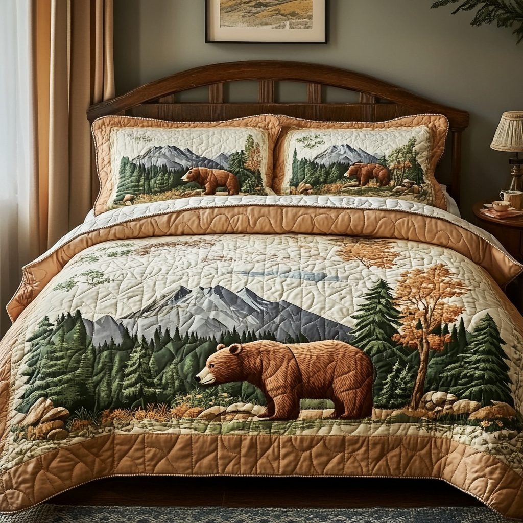 Woodland Bear quilted 3-piece bedding set on a made bed with two matching pillow shams