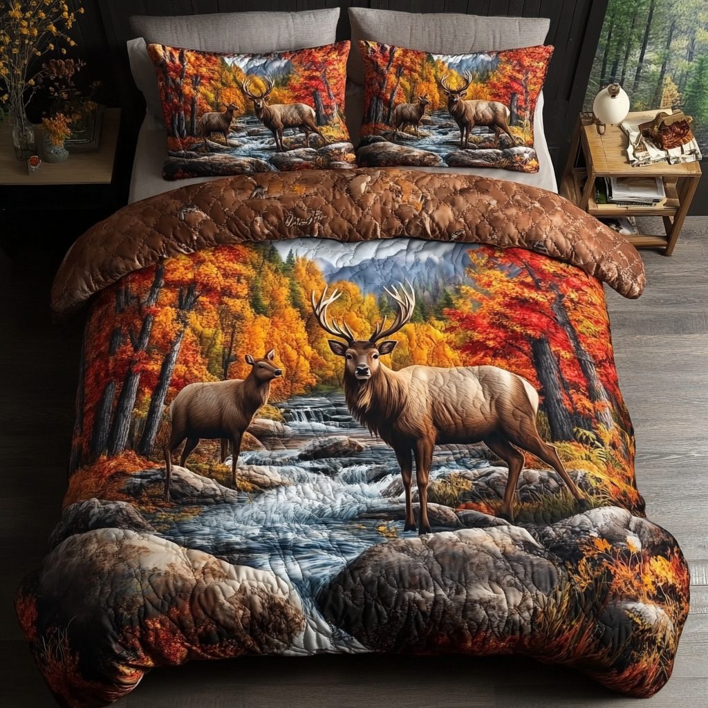Woodland Beauty quilted 3-piece bedding set on a made bed with two matching pillow shams