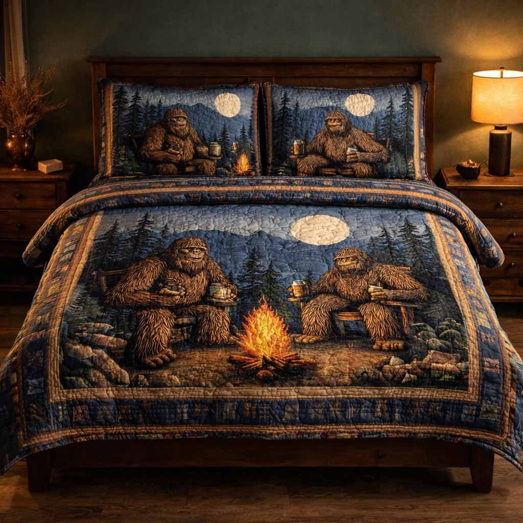 Woodland Brothers quilted 3-piece bedding set on a made bed with two matching pillow shams