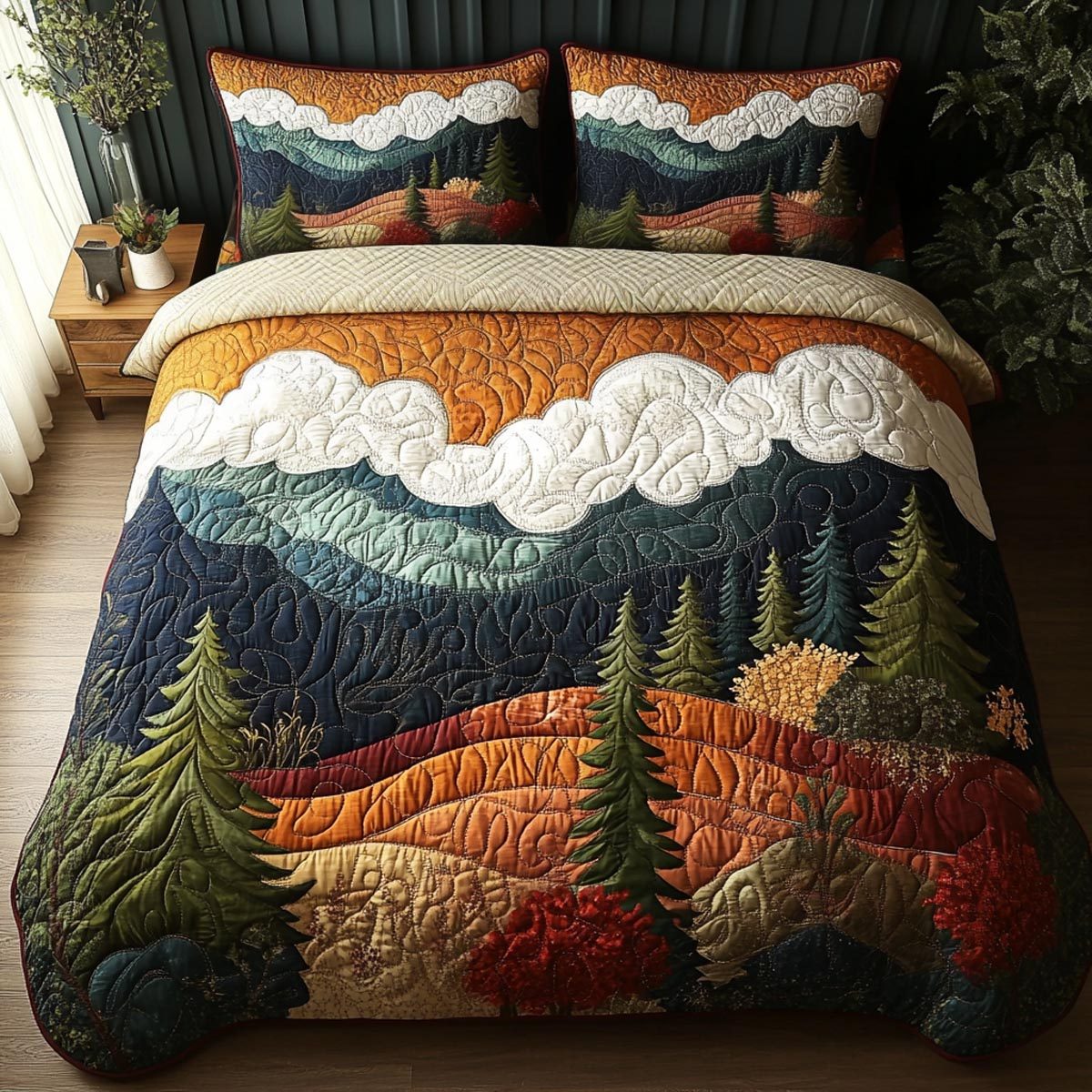 Woodland Calm quilted 3-piece bedding set on a made bed with two matching pillow shams
