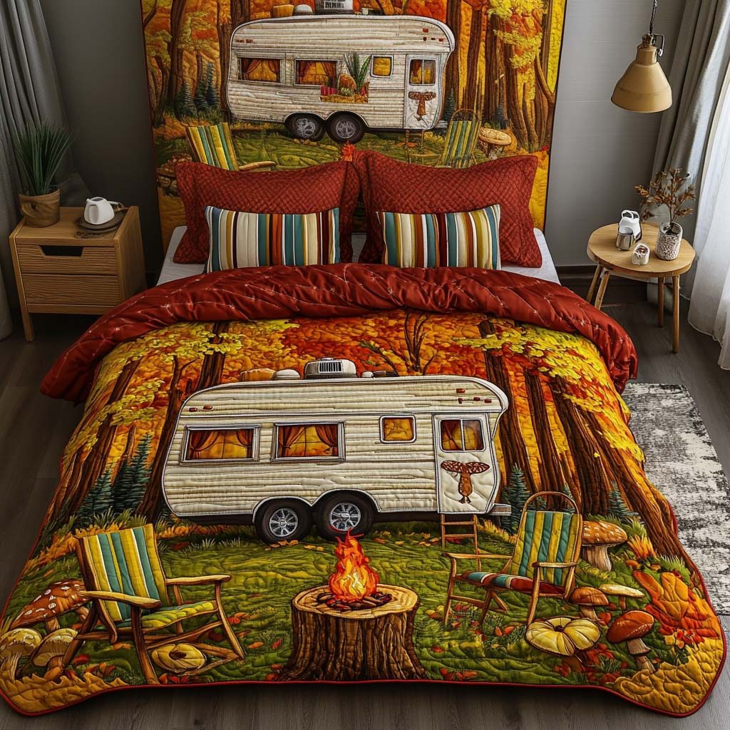 Woodland Camp Retreat quilted 3-piece bedding set on a made bed with two matching pillow shams