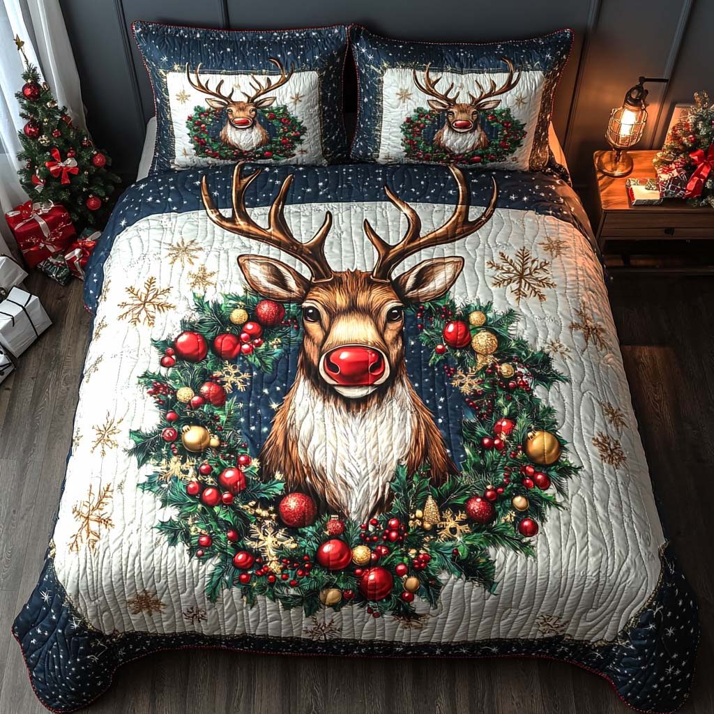 Woodland Christmas Charm quilted 3-piece bedding set on a made bed in a winter-styled bedroom