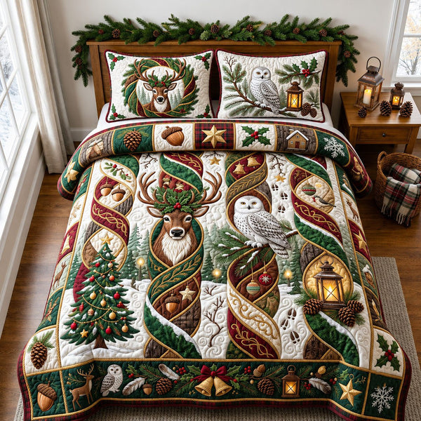 Woodland Christmas Spirals quilted 3-piece bedding set on a made bed in a winter-styled bedroom