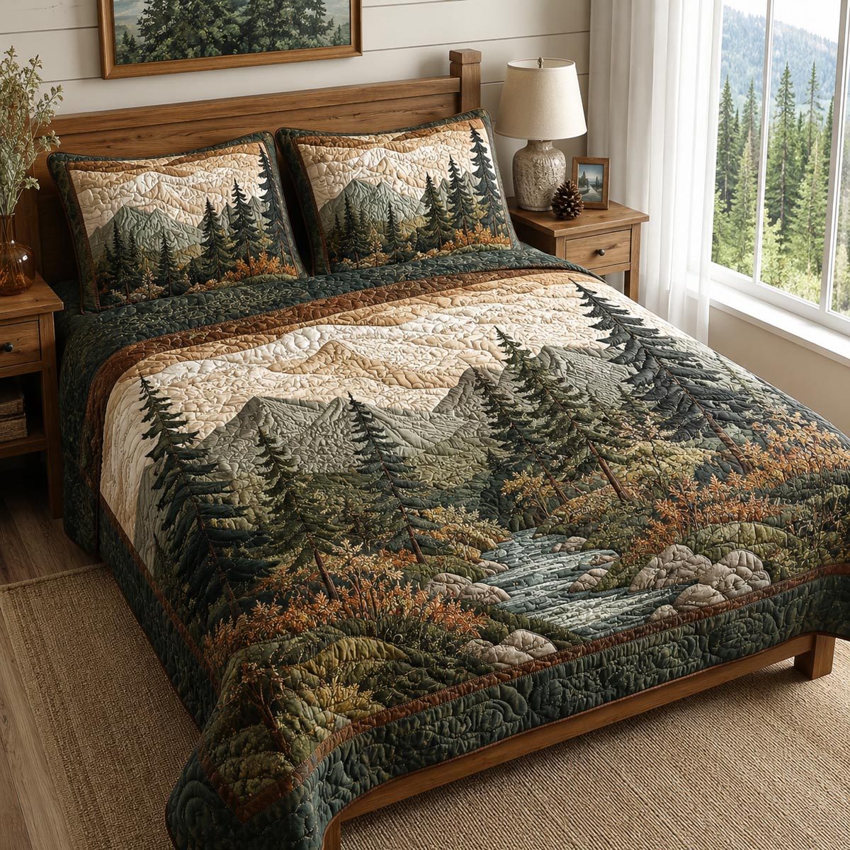 Woodland Creek quilted 3-piece bedding set on a made bed with two matching pillow shams
