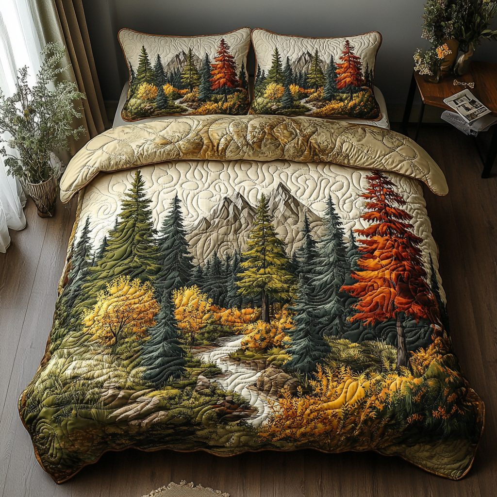 Woodland Embrace quilted 3-piece bedding set on a made bed with two matching pillow shams