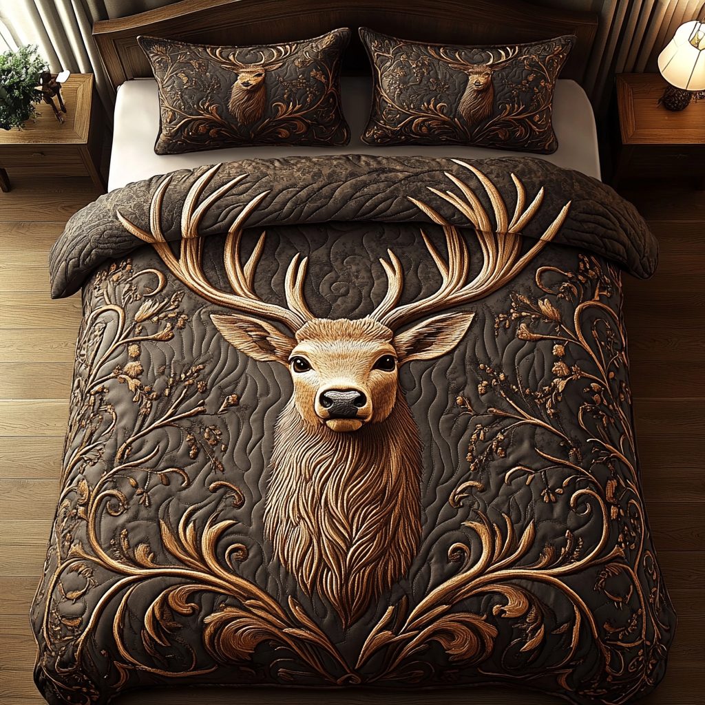 Woodland Grace quilted 3-piece bedding set on a made bed with two matching pillow shams
