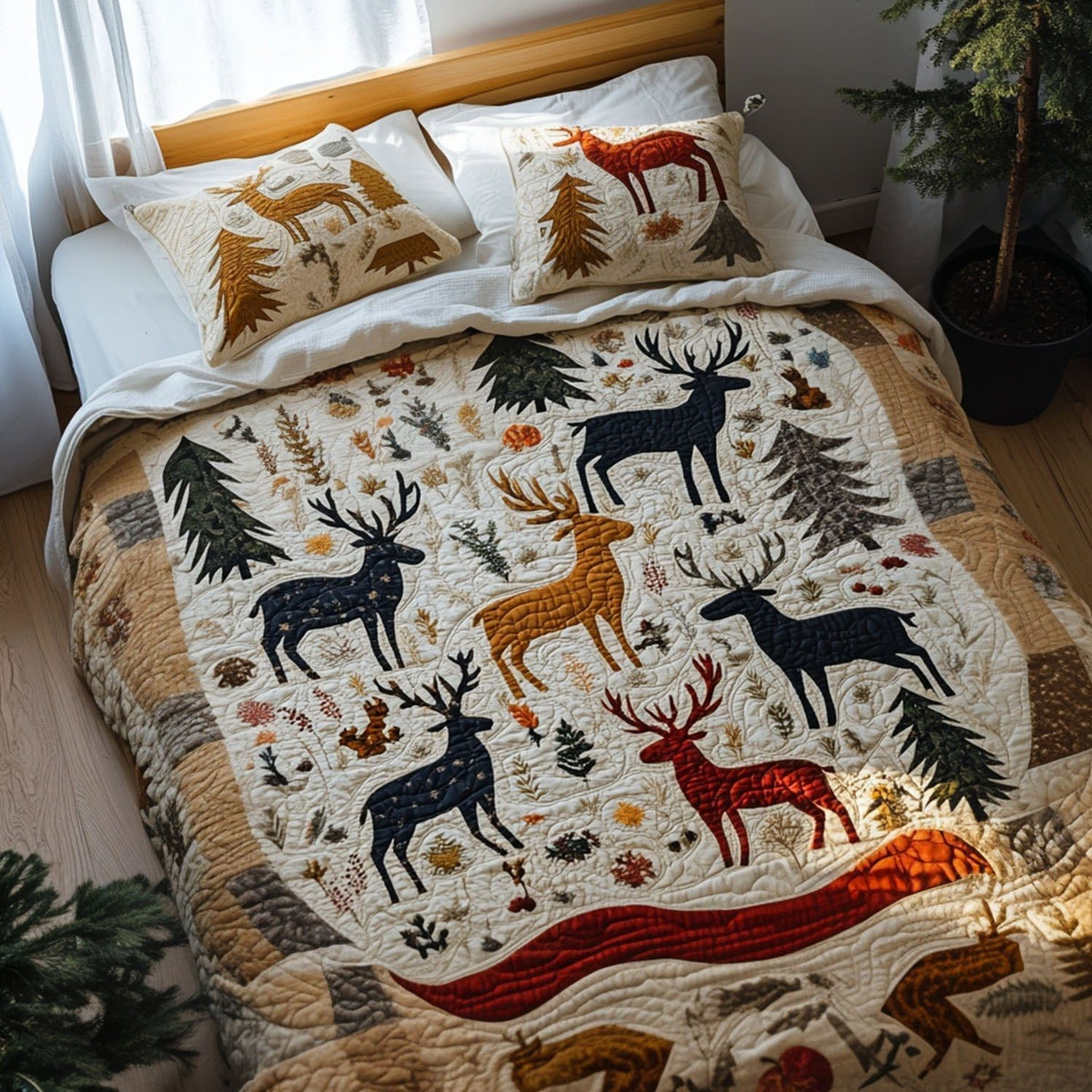 Woodland Grace quilted 3-piece bedding set on a made bed with two matching pillow shams