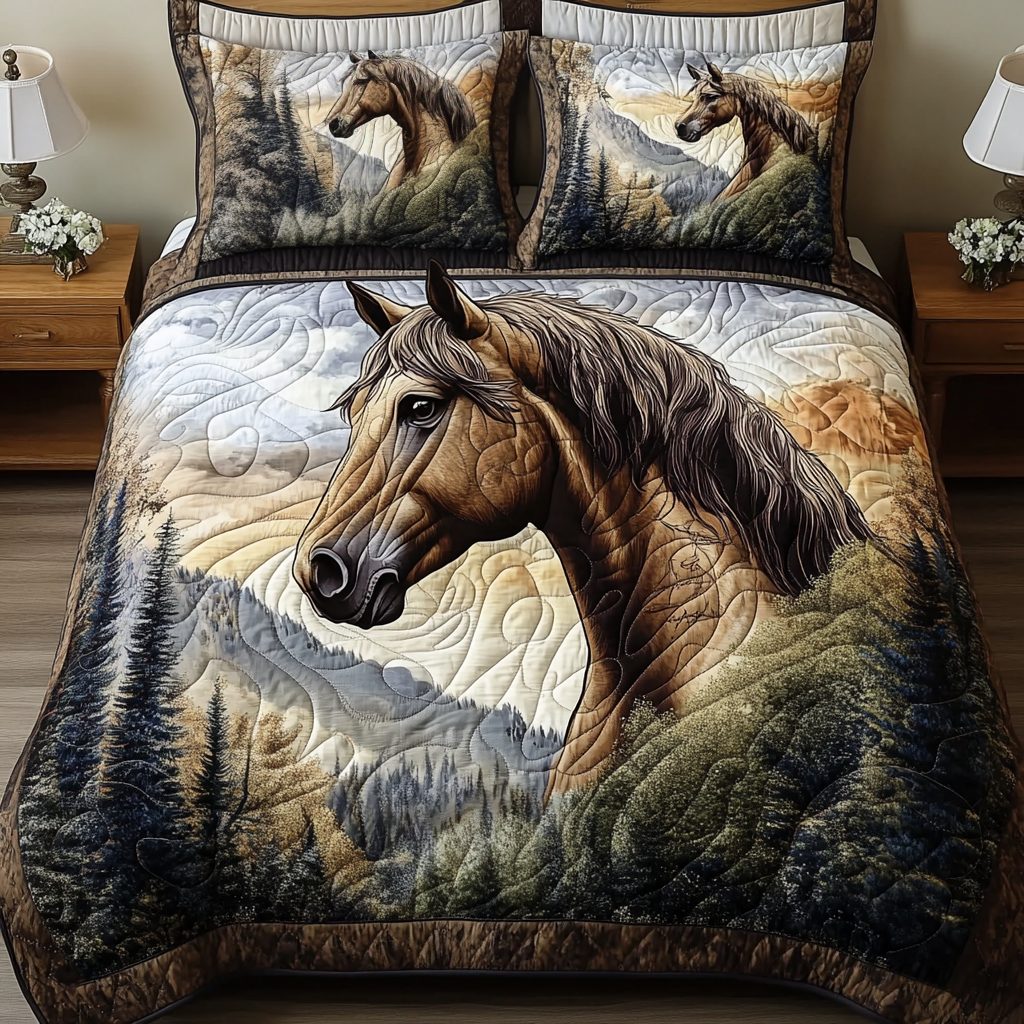 Woodland Grace quilted 3-piece bedding set on a made bed with two matching pillow shams