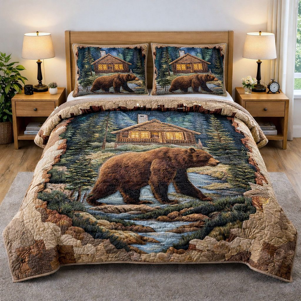 Woodland Guardian quilted 3-piece bedding set on a made bed with two matching pillow shams