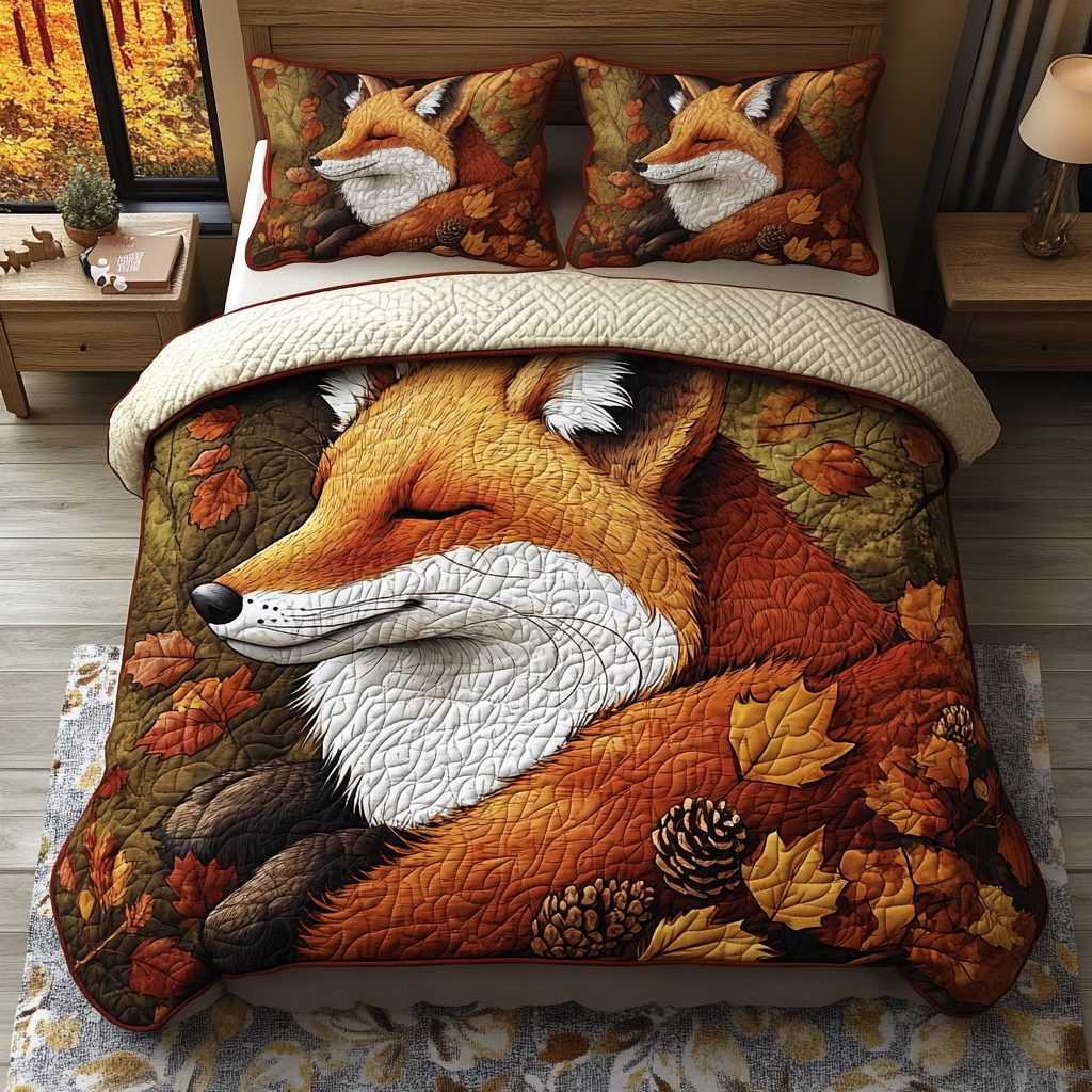 Woodland Harmony quilted 3-piece bedding set on a made bed with two matching pillow shams