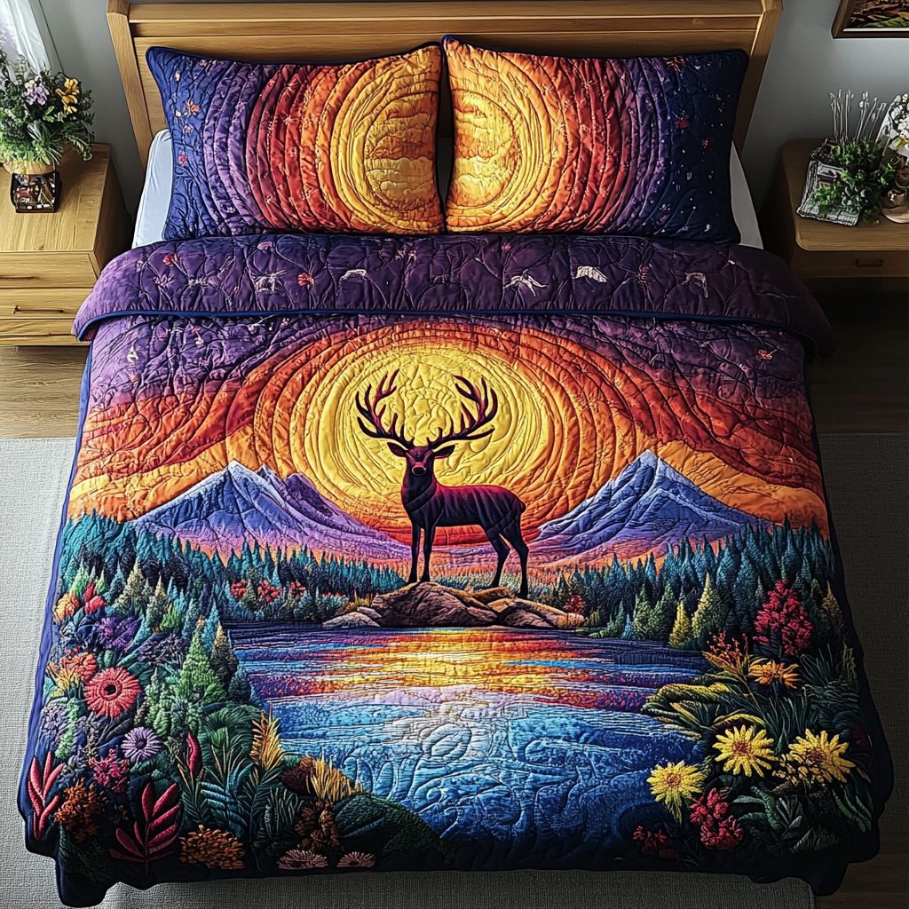 Woodland King quilted 3-piece bedding set on a made bed with two matching pillow shams