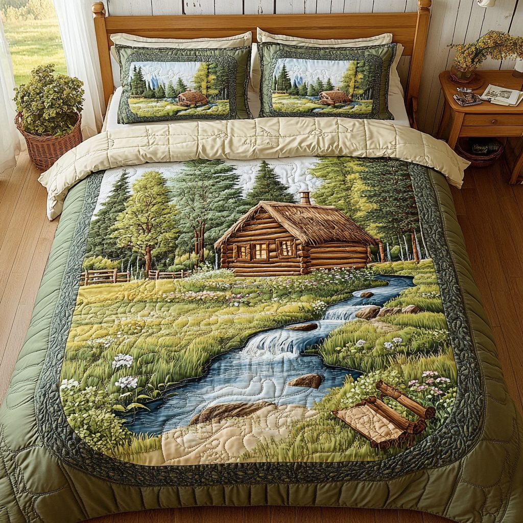 Woodland Lodge quilted 3-piece bedding set on a made bed with two matching pillow shams