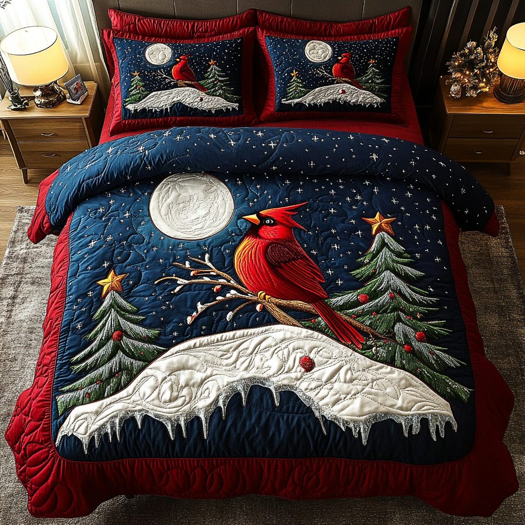 Woodland Majesty quilted 3-piece bedding set on a made bed with two matching pillow shams