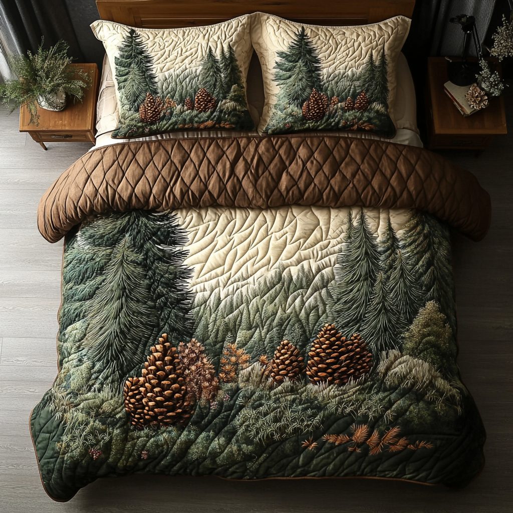 Woodland Pine quilted 3-piece bedding set on a made bed with two matching pillow shams