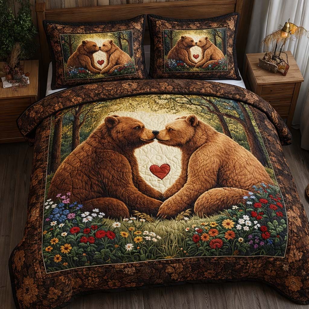Woodland Promise quilted 3-piece bedding set on a made bed with two matching pillow shams