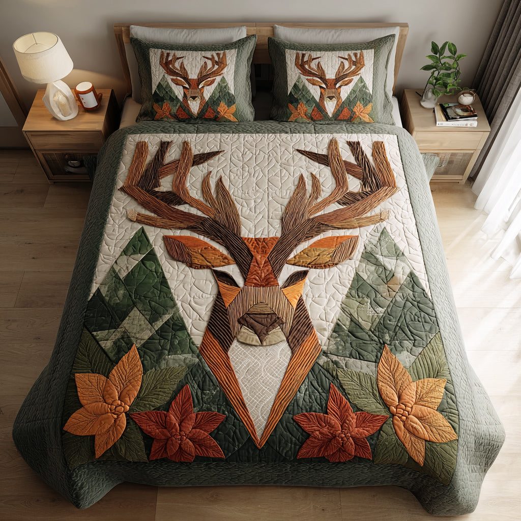 Woodland Reindeer Scene quilted 3-piece bedding set on a made bed in a winter-styled bedroom