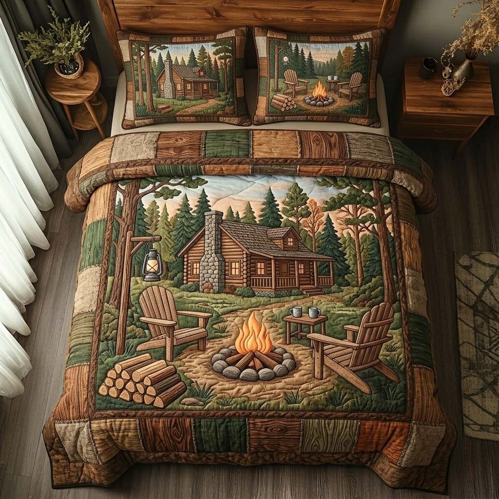 Woodland Retreat quilted 3-piece bedding set on a made bed with two matching pillow shams
