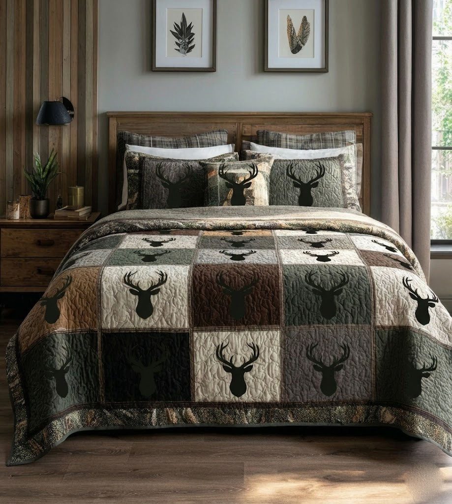 Woodland Retreat quilted 3-piece bedding set on a made bed with two matching pillow shams