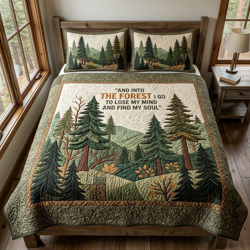 Woodland Retreat quilted 3-piece bedding set on a made bed with two matching pillow shams