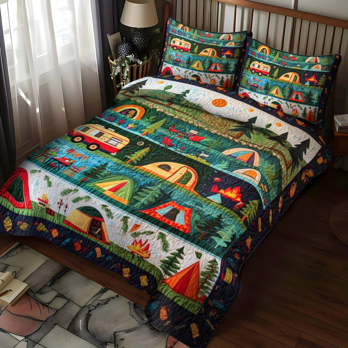 Woodland Retreat quilted 3-piece bedding set on a made bed with two matching pillow shams
