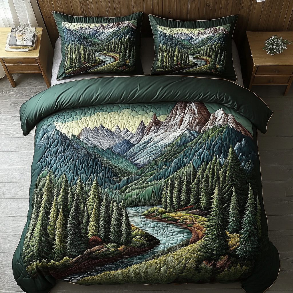Woodland Retreat quilted 3-piece bedding set on a made bed with two matching pillow shams
