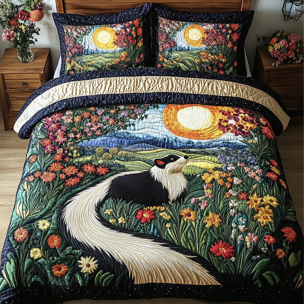 Woodland Skunk Charm quilted 3-piece bedding set on a made bed with two matching pillow shams