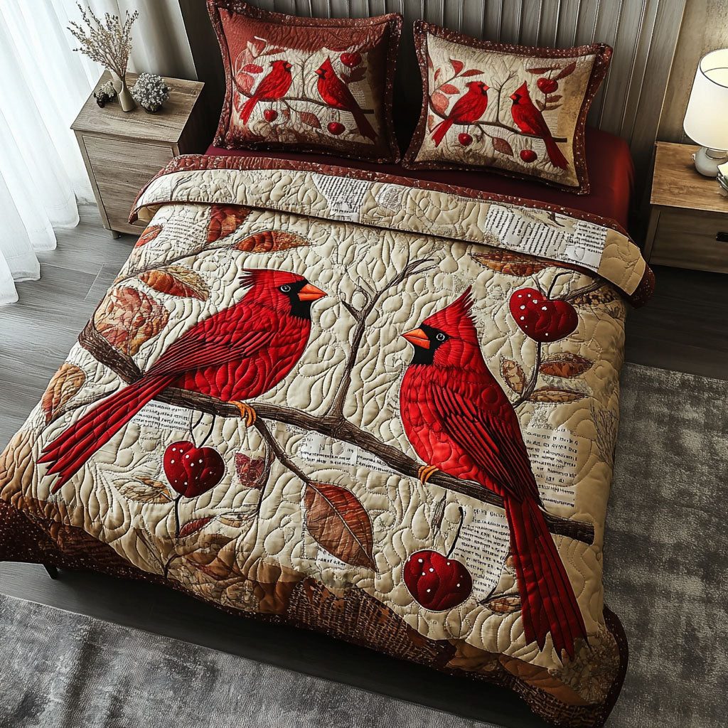 Woodland Song quilted 3-piece bedding set on a made bed with two matching pillow shams
