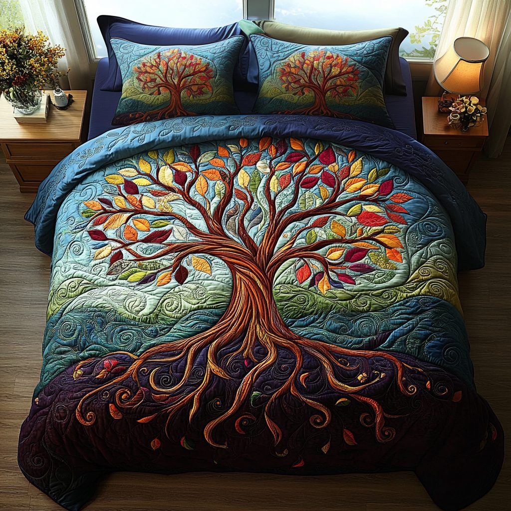 Woodland Spirit quilted 3-piece bedding set on a made bed with two matching pillow shams