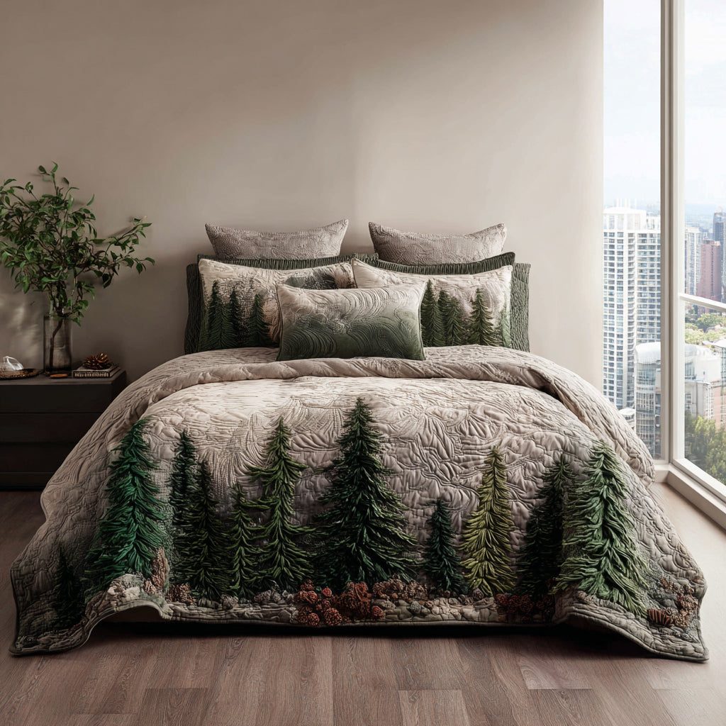 Woodland Spirit quilted 3-piece bedding set on a made bed with two matching pillow shams