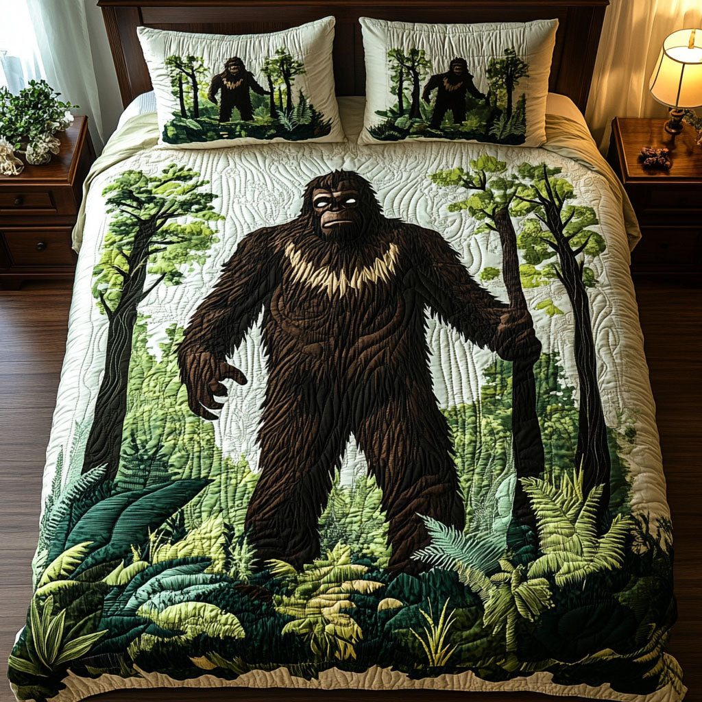 Woodland Spirit quilted 3-piece bedding set on a made bed with two matching pillow shams