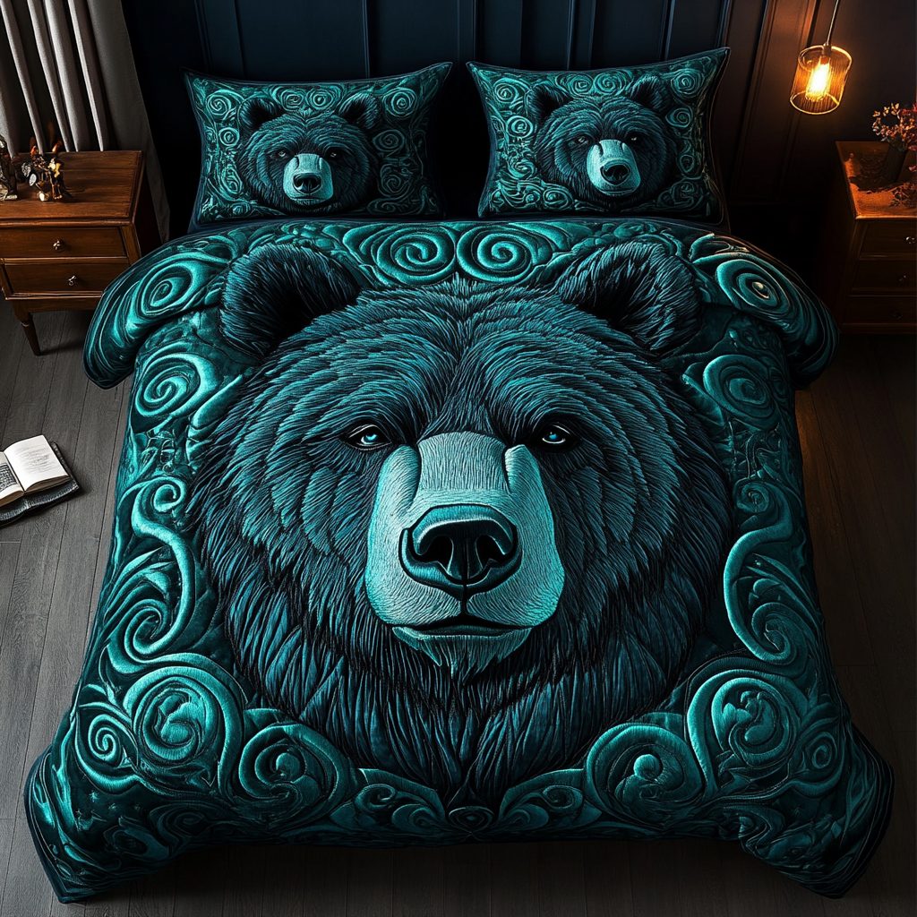 Woodland Wanderer quilted 3-piece bedding set on a made bed with two matching pillow shams