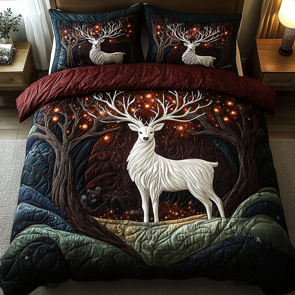 Woodland Wanderer quilted 3-piece bedding set on a made bed with two matching pillow shams