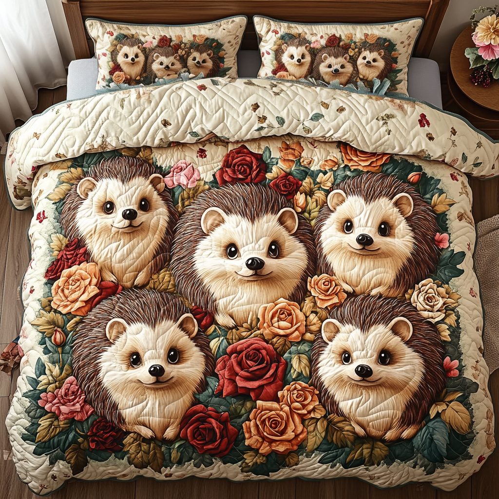 Woodland Wanderer quilted 3-piece bedding set on a made bed with two matching pillow shams