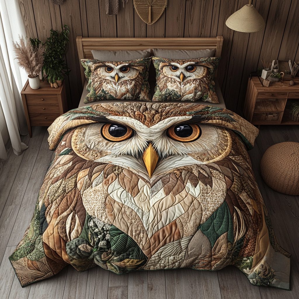 Woodland Watcher quilted 3-piece bedding set on a made bed with two matching pillow shams