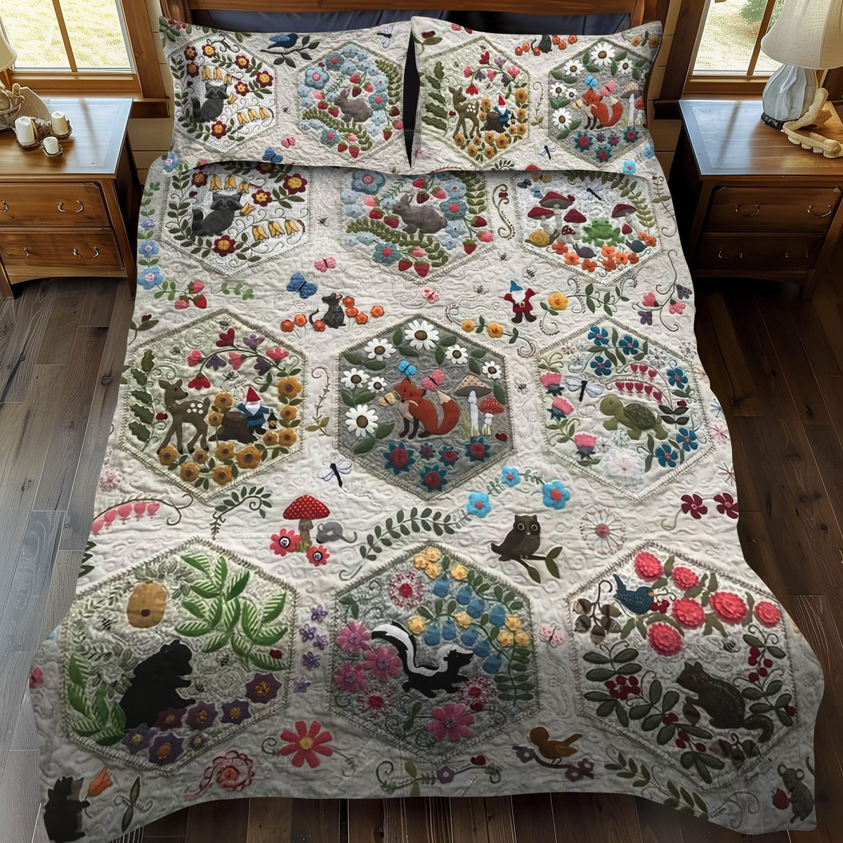 Woodland Whimsy Animals quilted 3-piece bedding set on a made bed with two matching pillow shams