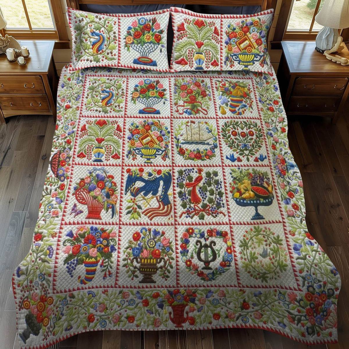 Woodland Whimsy Flowers quilted 3-piece bedding set on a made bed with two matching pillow shams