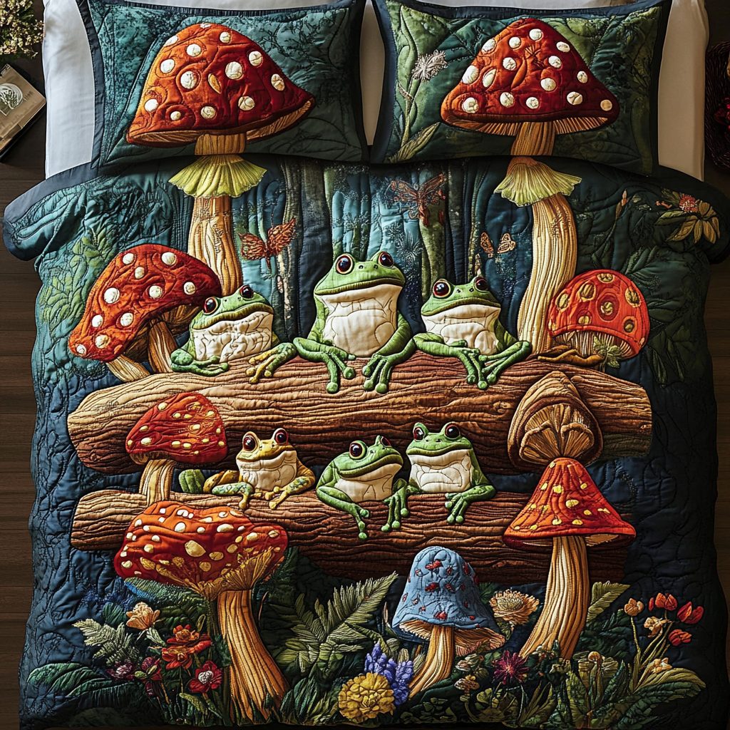 Woodland Whimsy quilted 3-piece bedding set on a made bed with two matching pillow shams