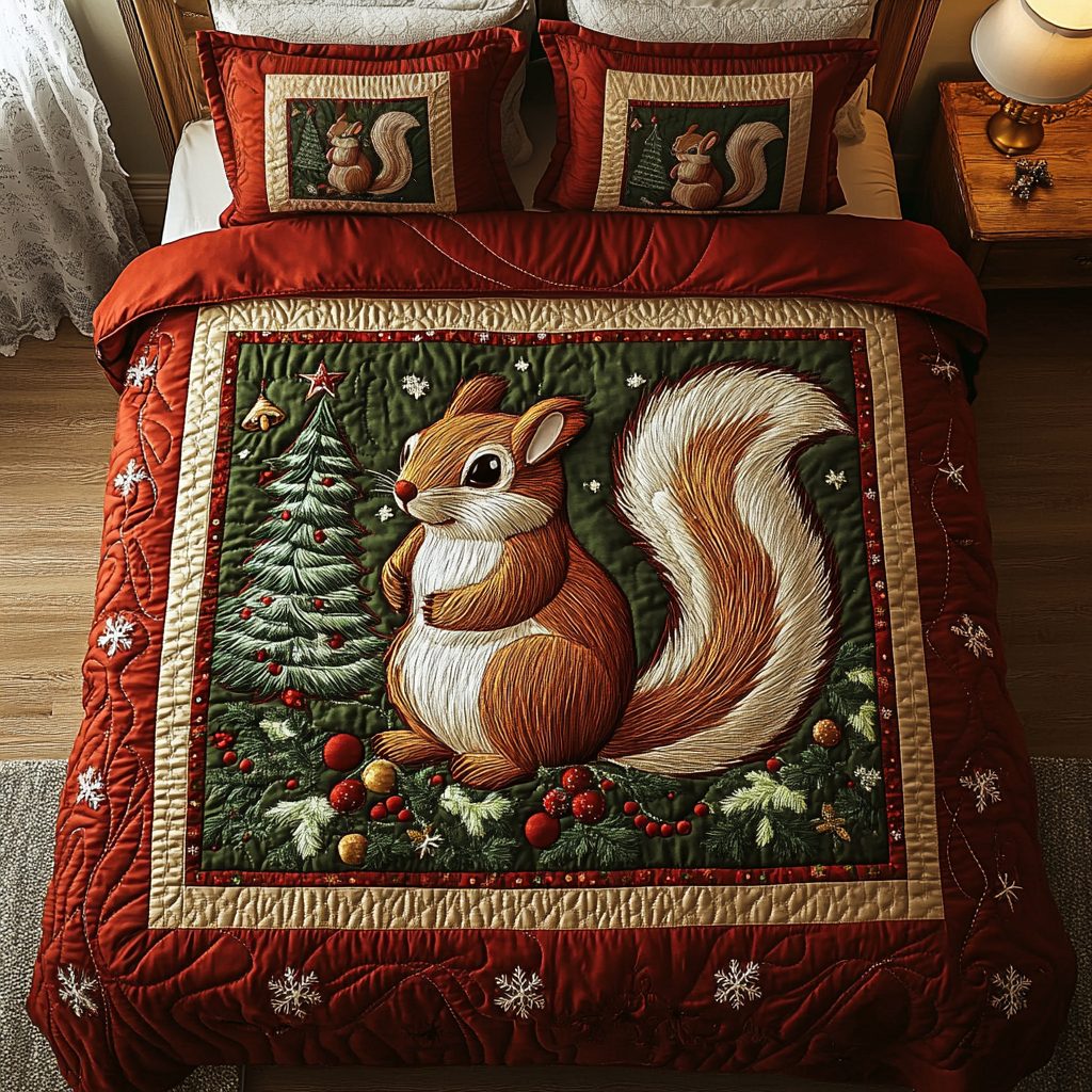 Woodland Whimsy quilted 3-piece bedding set on a made bed with two matching pillow shams