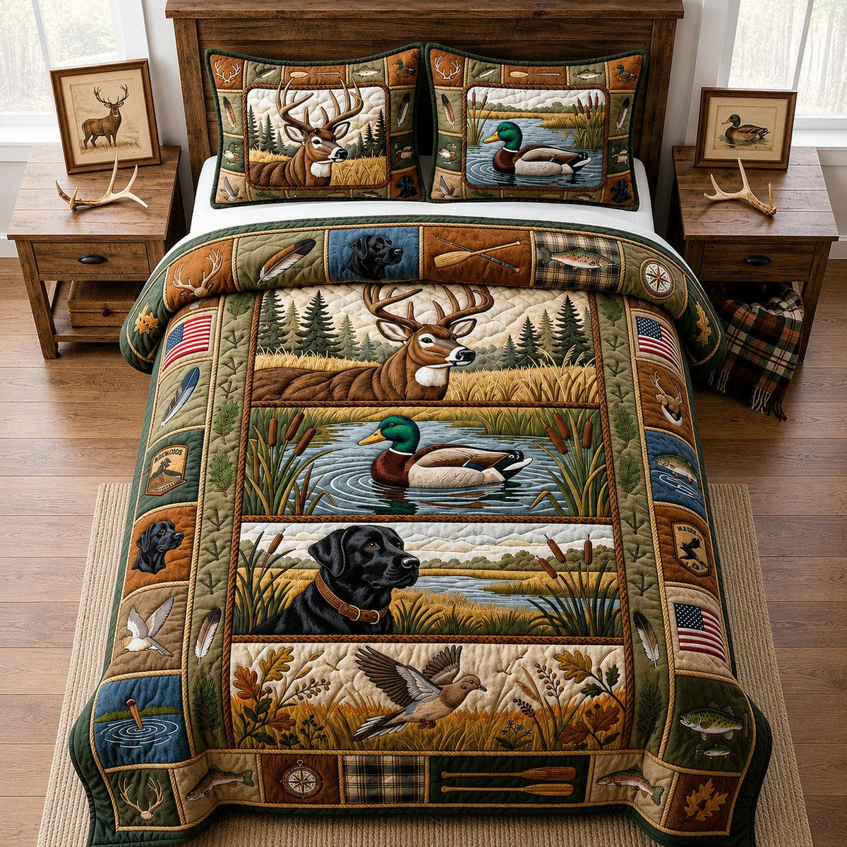 Woodland Wildlife quilted 3-piece bedding set on a made bed with two matching pillow shams