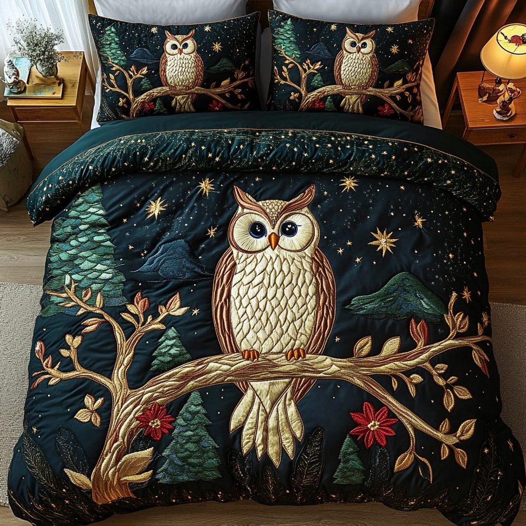 Woodland Wings quilted 3-piece bedding set on a made bed with two matching pillow shams
