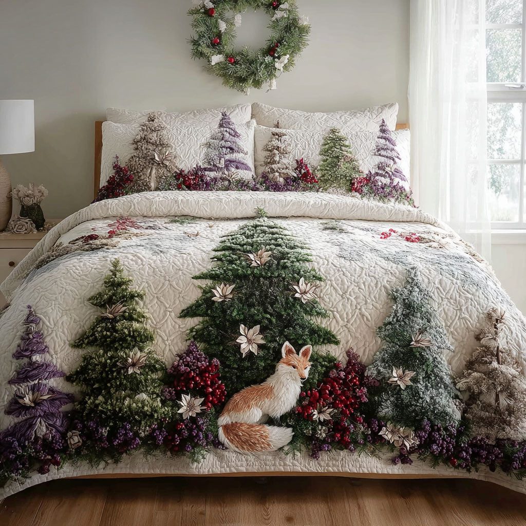 Woodland Winter Fox quilted 3-piece bedding set on a made bed in a winter-styled bedroom