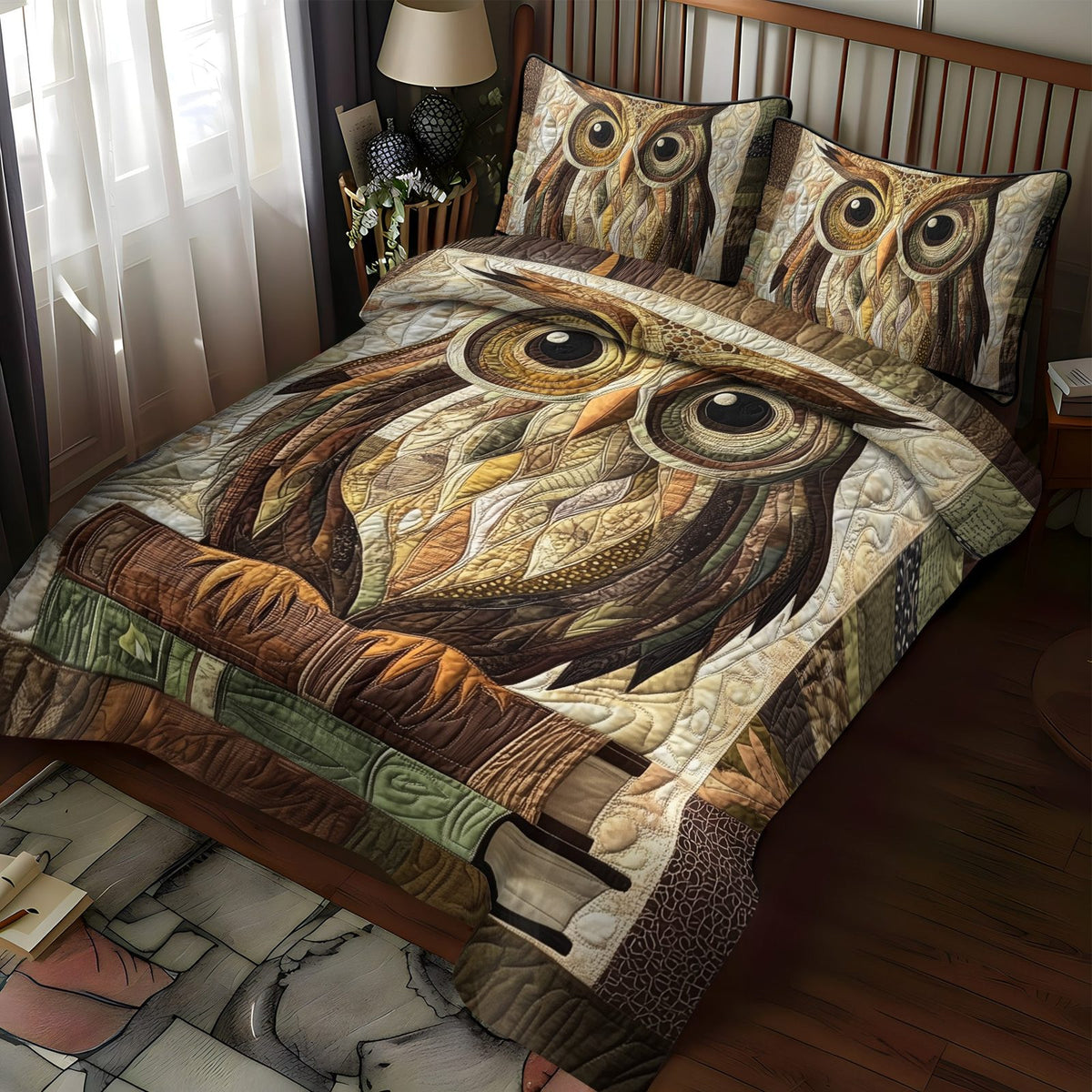 Woodland Wisdom quilted 3-piece bedding set on a made bed with two matching pillow shams