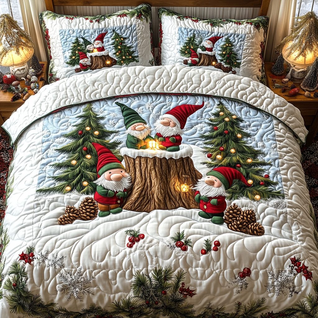 Woodland Wonders quilted 3-piece bedding set on a made bed with two matching pillow shams